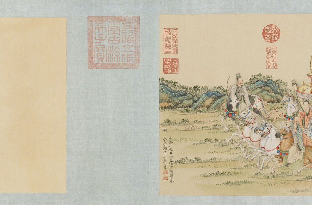 摹顾恺之洛神图卷. 清. 丁观鹏. 绘. 纸本设色(28.1x587.5 厘米)清乾隆十九年