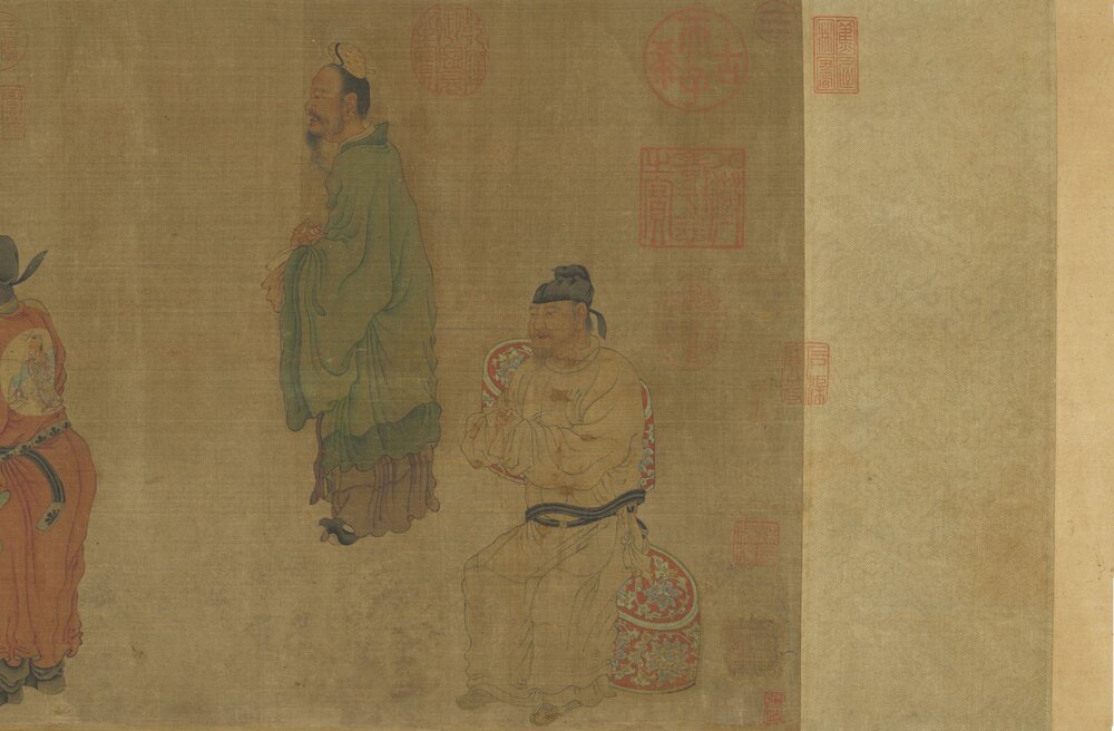 明皇会棋图卷. 传五代南唐. 周文矩绘. 绢本设色(32.8x134.5 厘米)