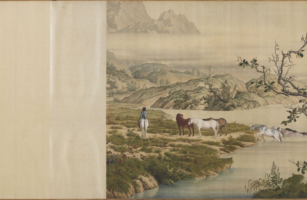 百骏图卷. 清. 郎世宁绘. 绢本设色(94.5x776.2 厘米)清雍正六年