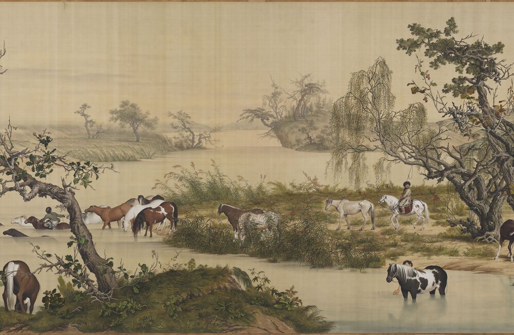 百骏图卷. 清. 郎世宁绘. 绢本设色(94.5x776.2 厘米)清雍正六年