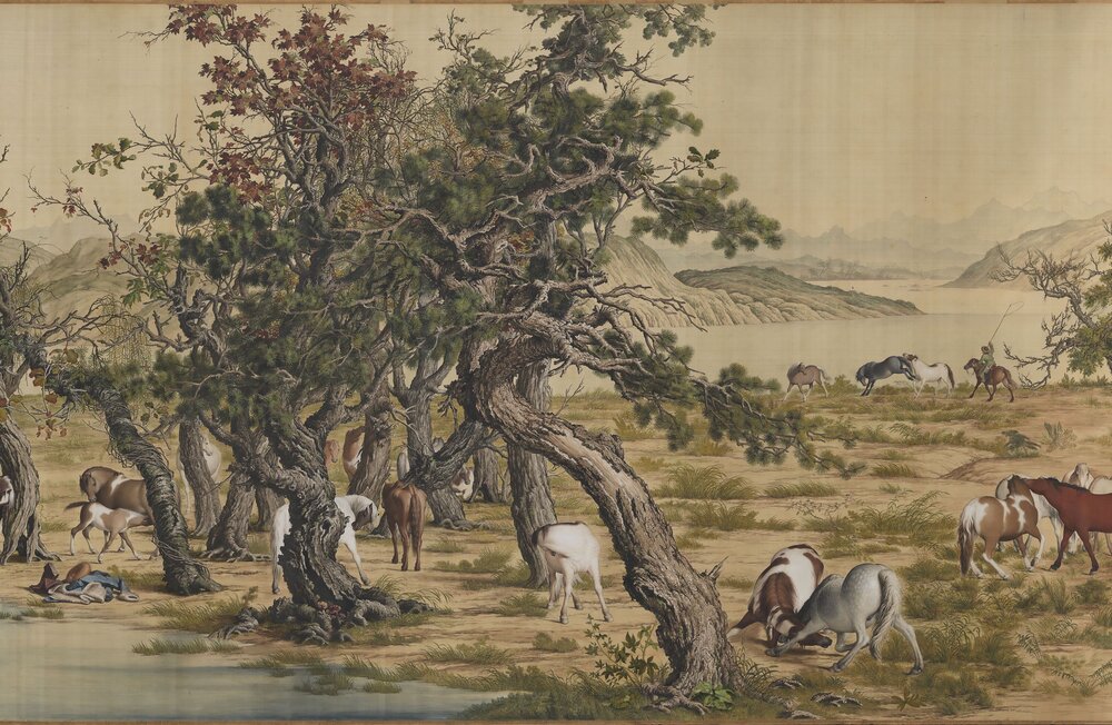 百骏图卷. 清. 郎世宁绘. 绢本设色(94.5x776.2 厘米)清雍正六年