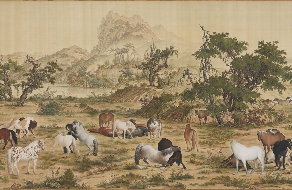 百骏图卷. 清. 郎世宁绘. 绢本设色(94.5x776.2 厘米)清雍正六年