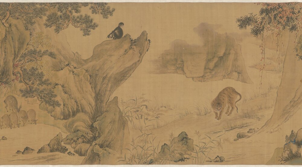 百兽图卷. 清. 华嵒作. 绢本设色(109.7x1000 厘米)