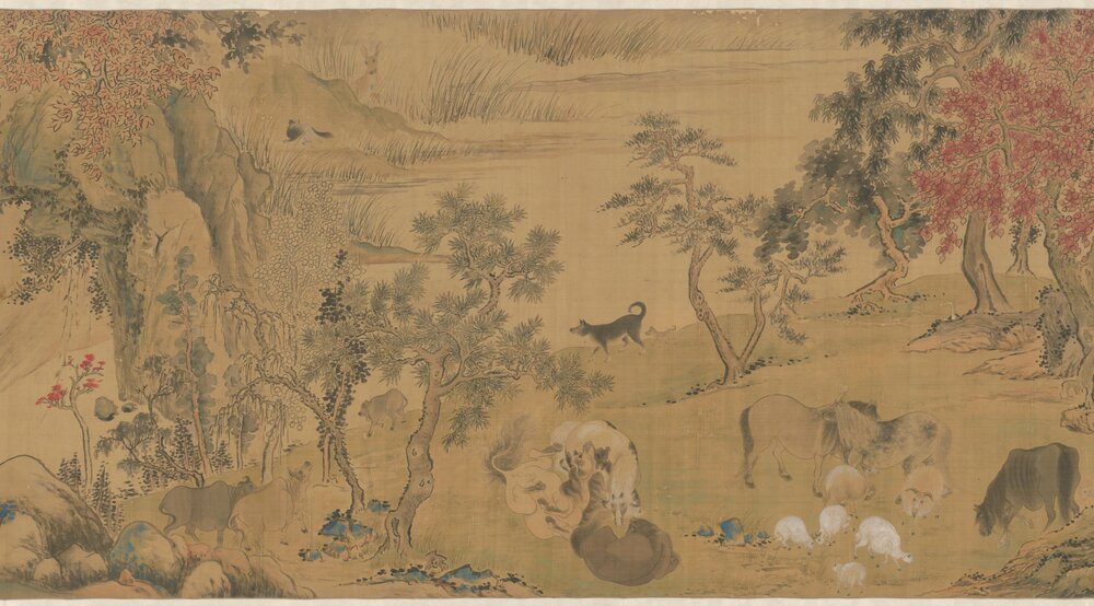 百兽图卷. 清. 华嵒作. 绢本设色(109.7x1000 厘米)