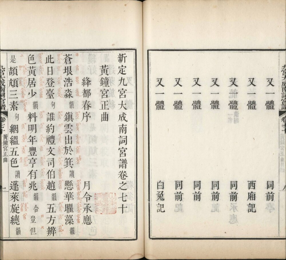 新定九宫大成南北词宫谱. 八十一卷. 闰一卷. 总目三卷. 清. 周祥钰. 邹金生等辑. 清乾隆十一年庄亲王邸刊朱墨套印本