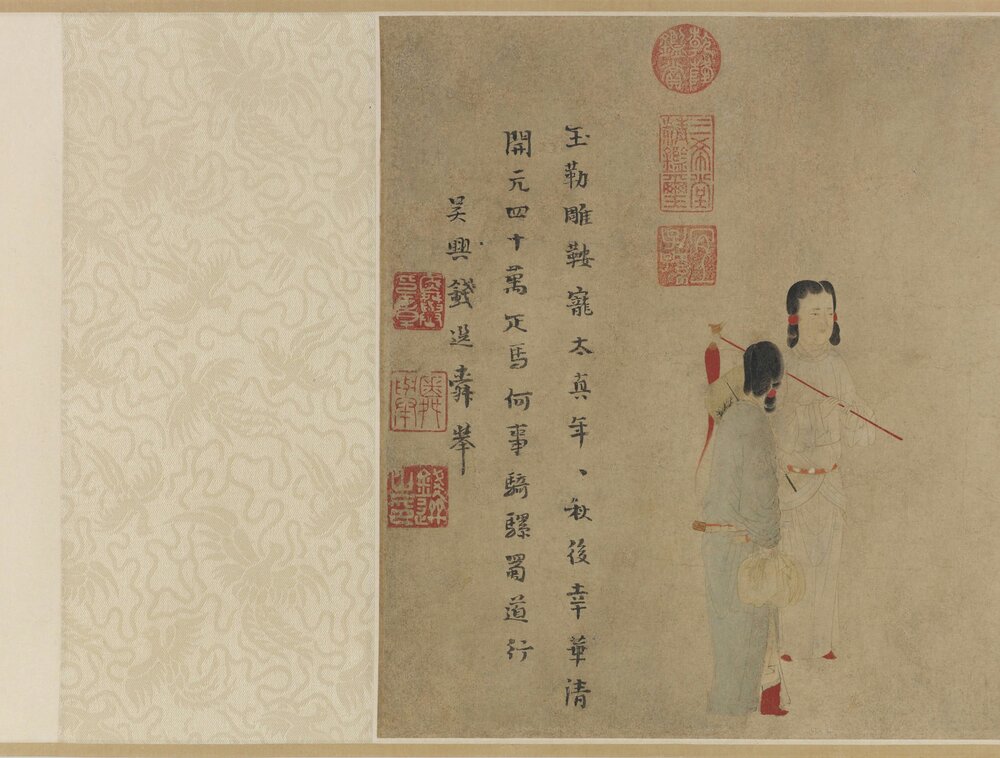 杨妃上马图卷. 元. 钱选绘. 纸本设色（29.5x117 厘米）