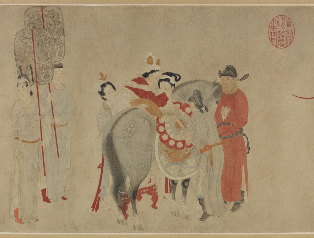 杨妃上马图卷. 元. 钱选绘. 纸本设色（29.5x117 厘米）
