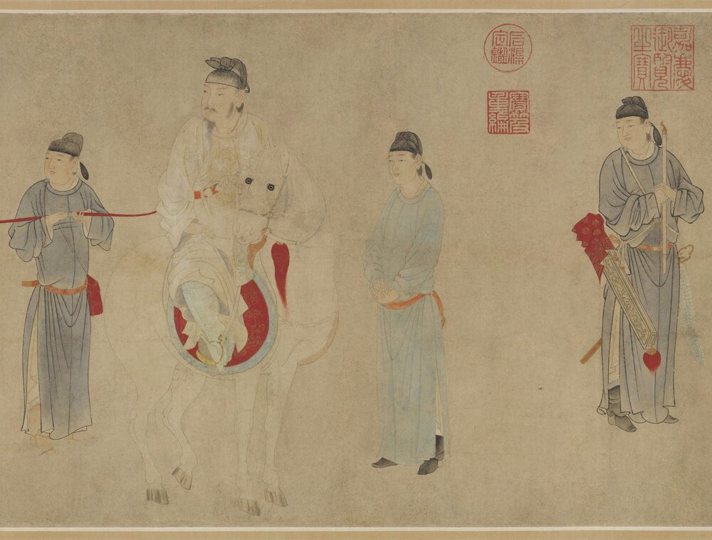 杨妃上马图卷. 元. 钱选绘. 纸本设色（29.5x117 厘米）