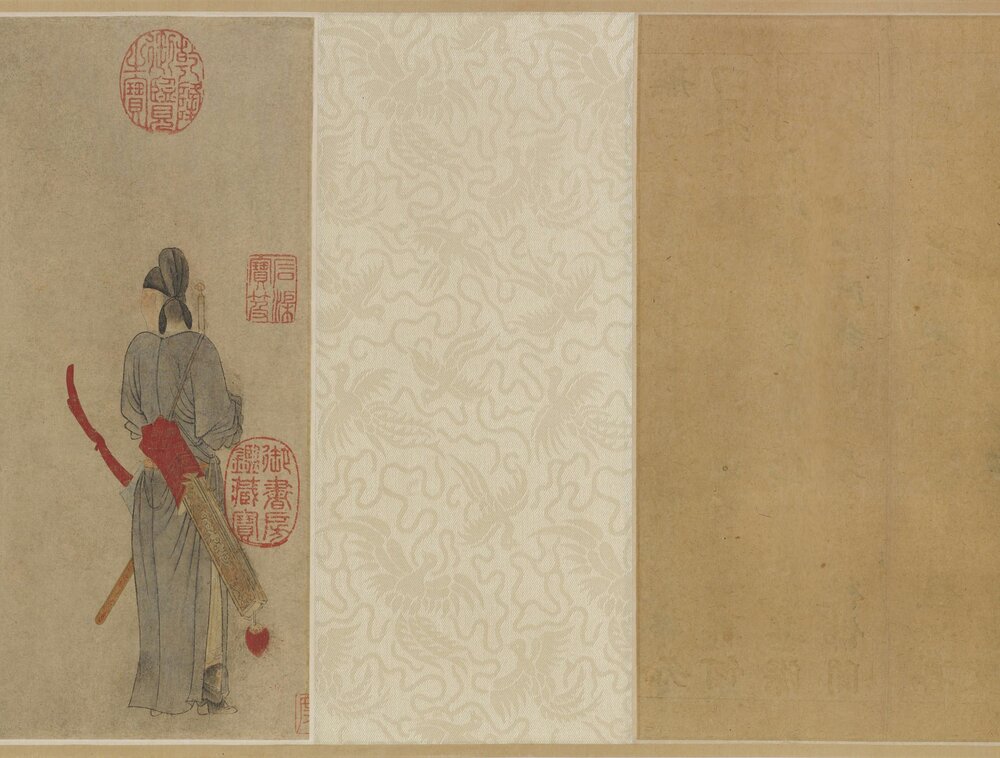 杨妃上马图卷. 元. 钱选绘. 纸本设色（29.5x117 厘米）