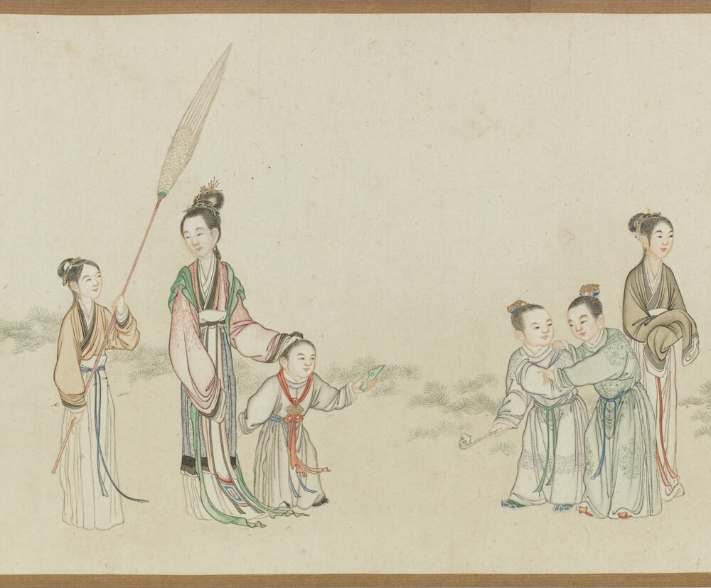 宫女婴戏图卷. 清. 丁观鹏. 绘. 纸本设色(17.4x93.5 厘米)
