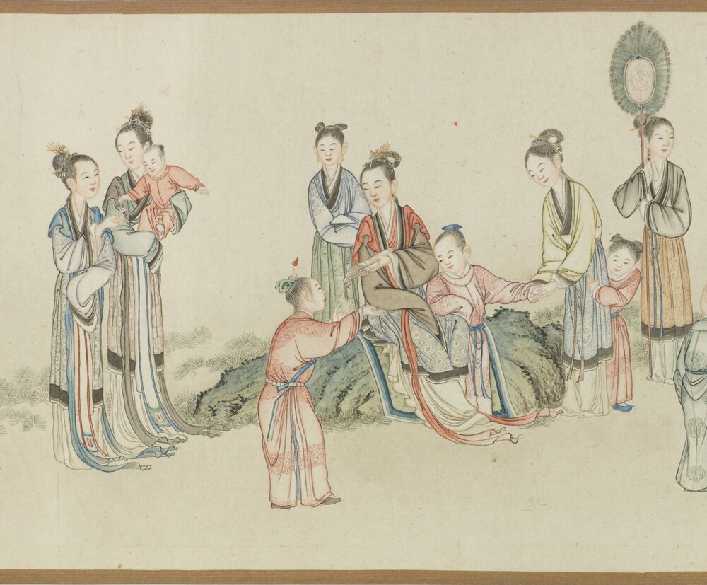 宫女婴戏图卷. 清. 丁观鹏. 绘. 纸本设色(17.4x93.5 厘米)