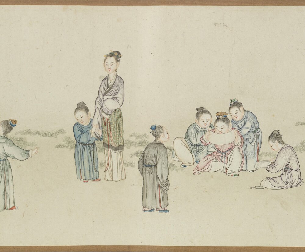 宫女婴戏图卷. 清. 丁观鹏. 绘. 纸本设色(17.4x93.5 厘米)