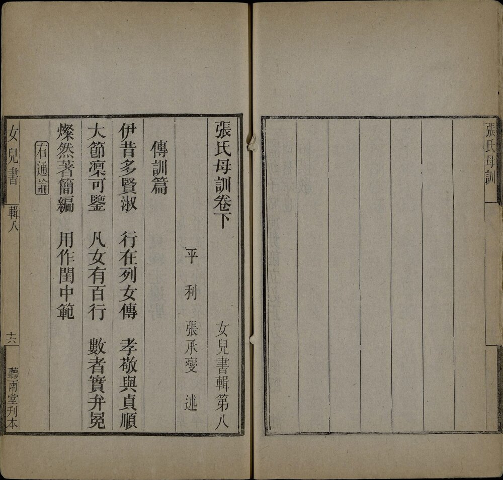 女儿书辑. 八种. 清. 张承燮辑. 清光绪二十六年听雨堂刊本