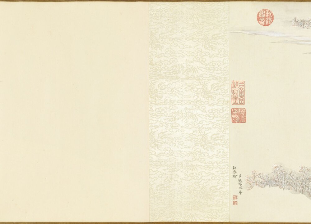 御制雪中坐冰床即景图卷. 清. 钱维城. 纸本设色(36.5x194.3 厘米)