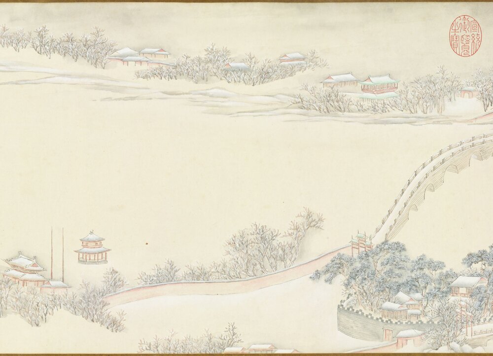 御制雪中坐冰床即景图卷. 清. 钱维城. 纸本设色(36.5x194.3 厘米)