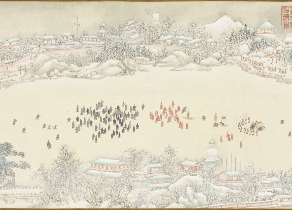 御制雪中坐冰床即景图卷. 清. 钱维城. 纸本设色(36.5x194.3 厘米)
