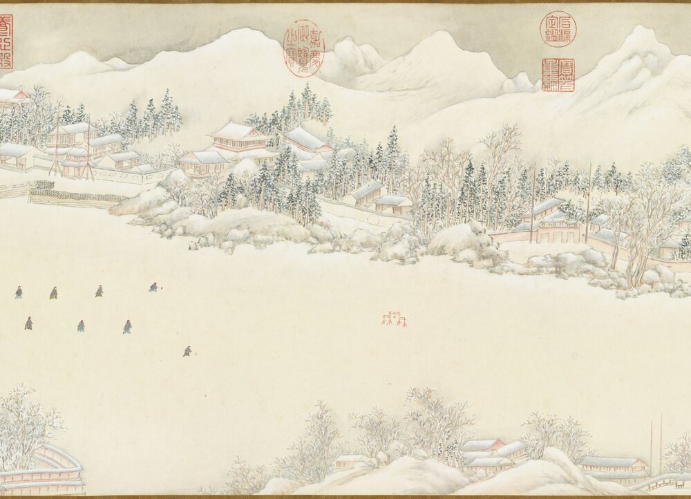 御制雪中坐冰床即景图卷. 清. 钱维城. 纸本设色(36.5x194.3 厘米)