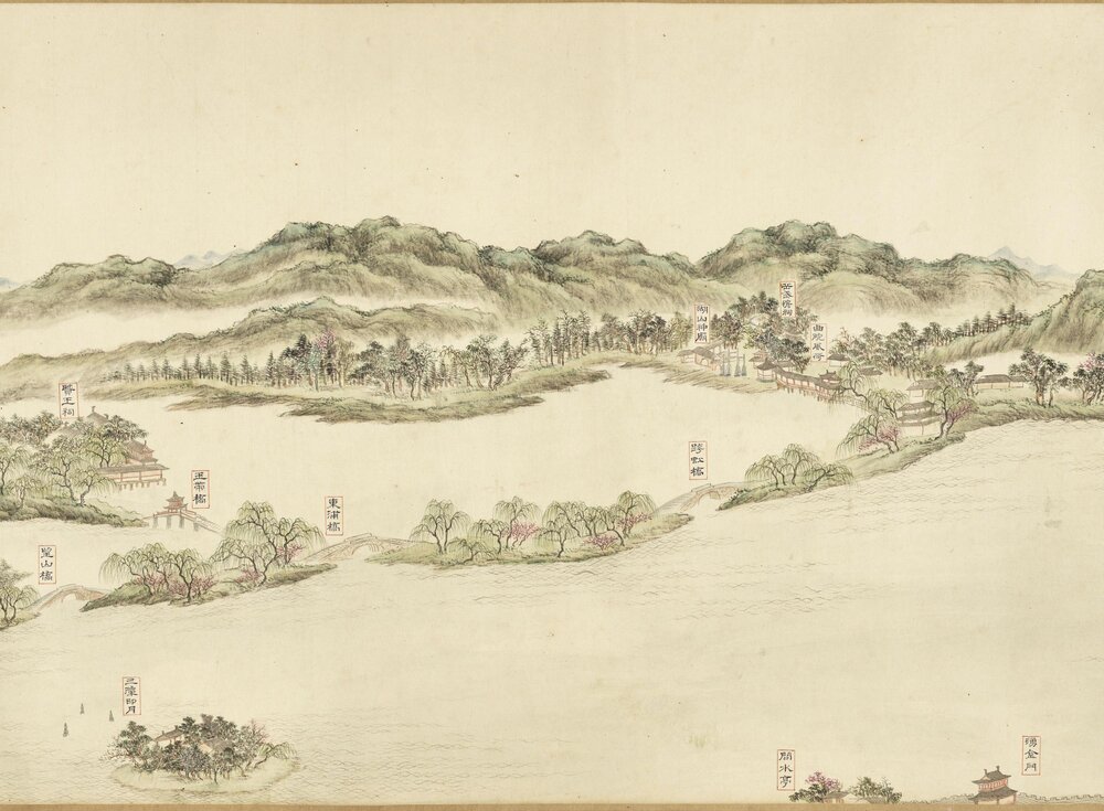 西湖十景图卷. 清. 董邦达绘. 纸本设色（41.7x361.8 厘米）