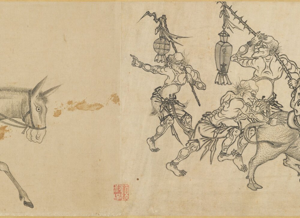 钟馗送嫁图卷. 传元. 王振鹏. 绘. 纸本墨笔(27.5x298.2 厘米)