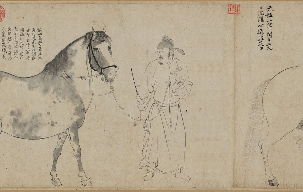 五马图卷. 北宋. 李公麟绘. 纸本墨笔淡彩(28.1×216.9 厘米)