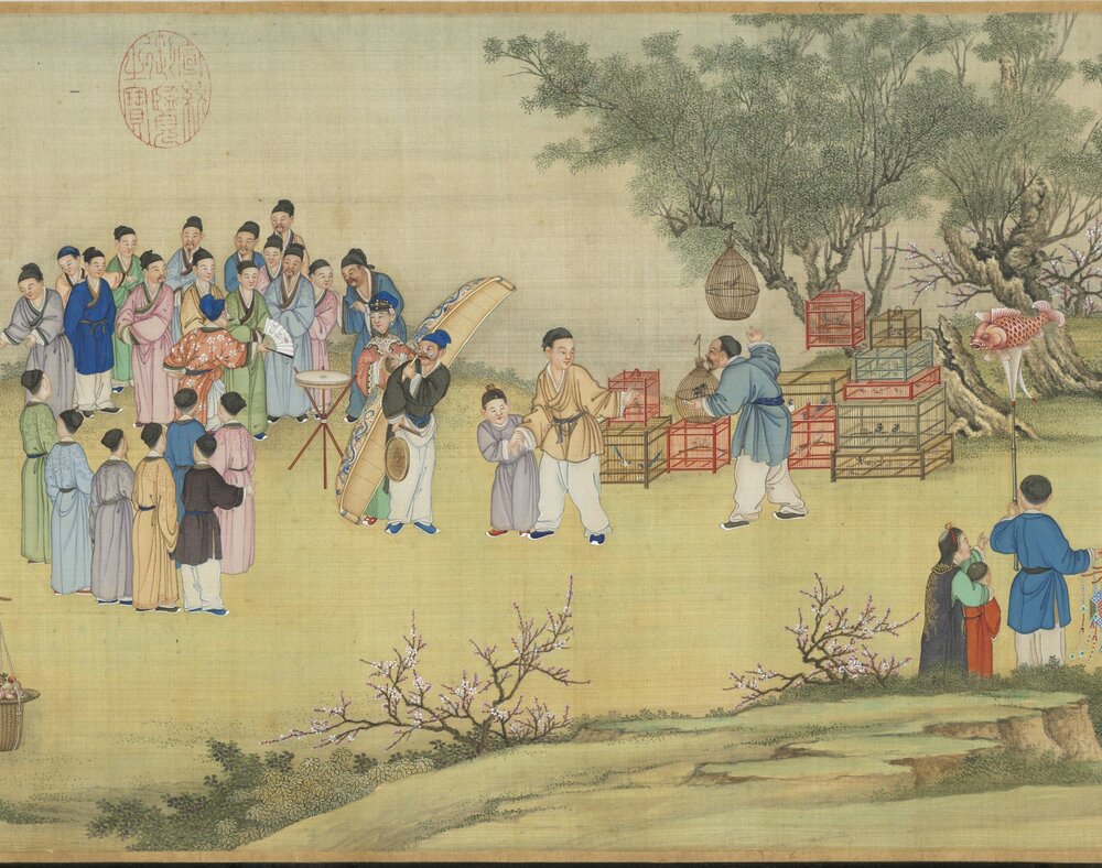 太平春市图卷. 清. 丁观鹏绘. 绢本设色.39948x4444 像素. 清乾隆七年