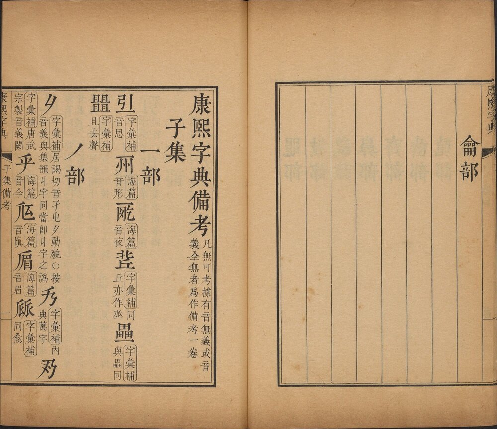 康熙字典. 十二集. 附. 总目. 检字. 辨似. 等韵. 补遗. 备考. 清. 张玉书等纂. 清康熙五十五年内府刊本