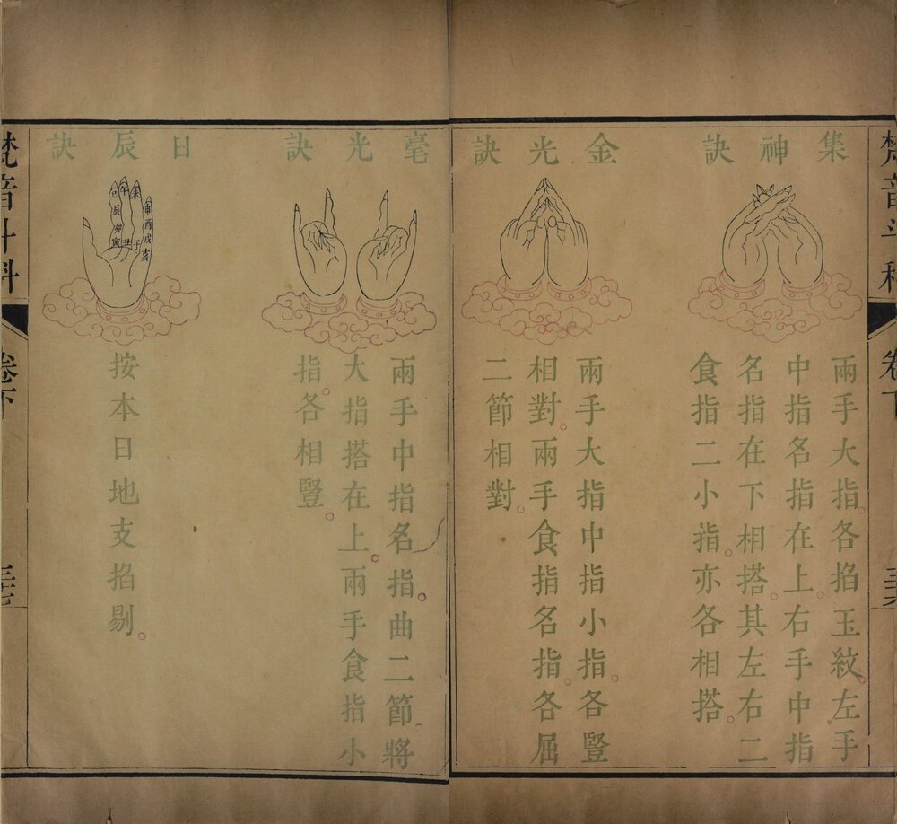 梵音斗科 清雍正时期 [ 1 ] （丘避讳改邱、真剜改缺笔，当为清雍正年间印本。） 四色（硃墨黄绿）套印刊本