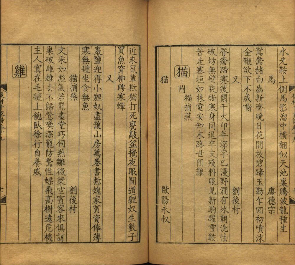 分门纂类唐宋时贤千家诗选 清康熙四十五年（丙戌 1706）扬州诗局刻楝亭藏书本 卷尾有牌记： 楝亭藏本丙戌九月重刻於揚州使院