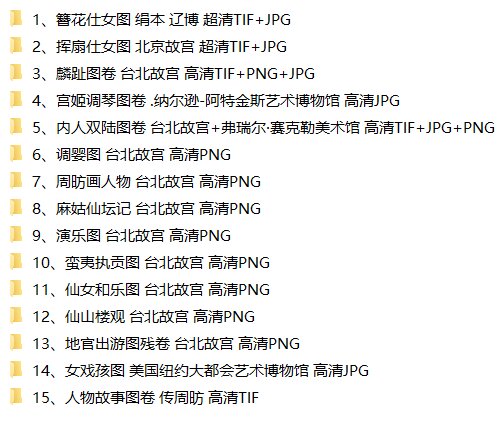 唐周昉绘画15套合集簪花仕女图宫姬调琴图内人双陆图麟趾图
