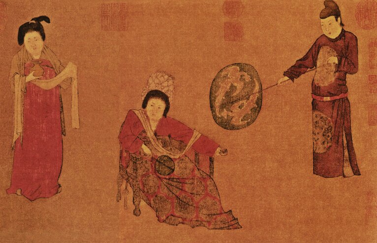 唐周昉绘画15套合集簪花仕女图宫姬调琴图内人双陆图麟趾图