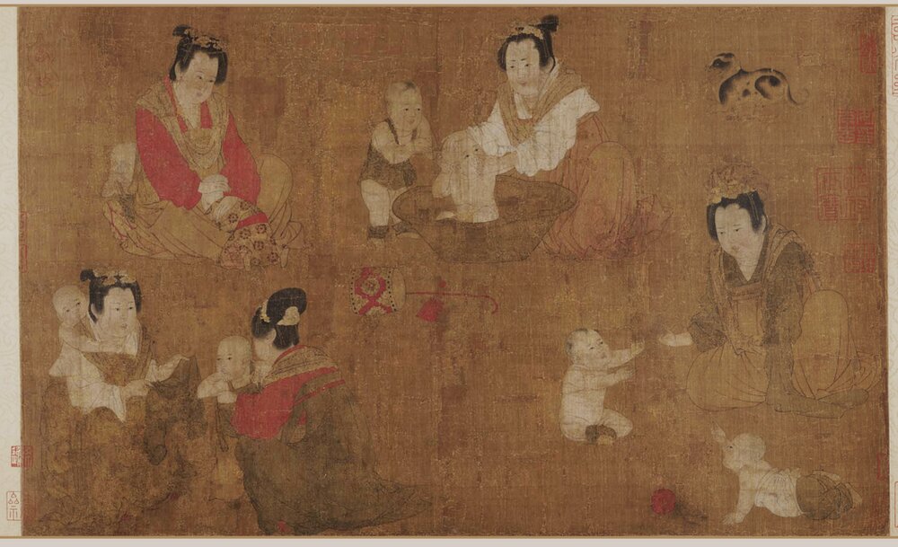 唐周昉绘画15套合集簪花仕女图宫姬调琴图内人双陆图麟趾图