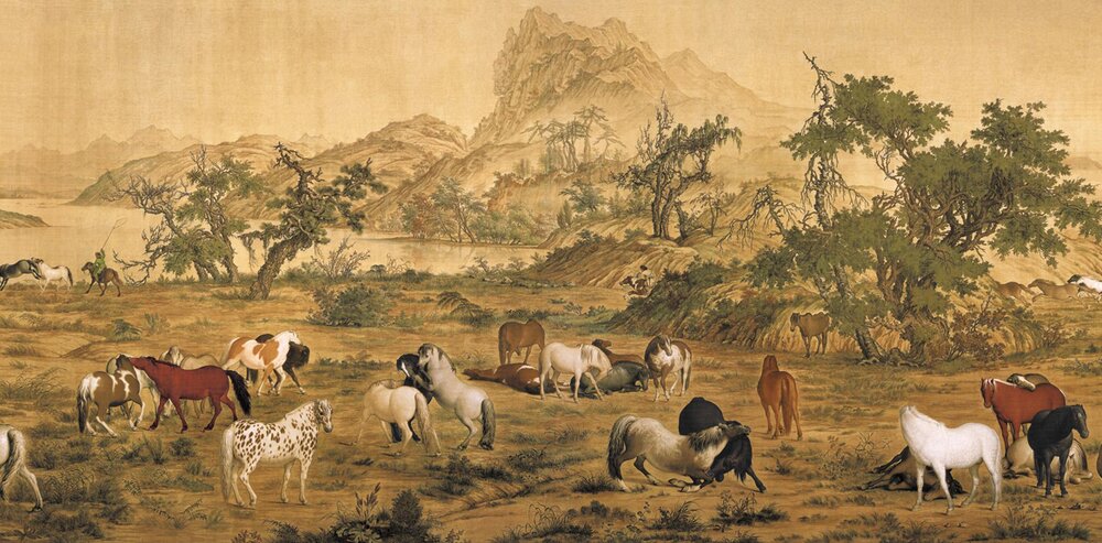 清郎世宁绘画合集百骏图仙萼长春图雍正乾隆帝王图铜版画